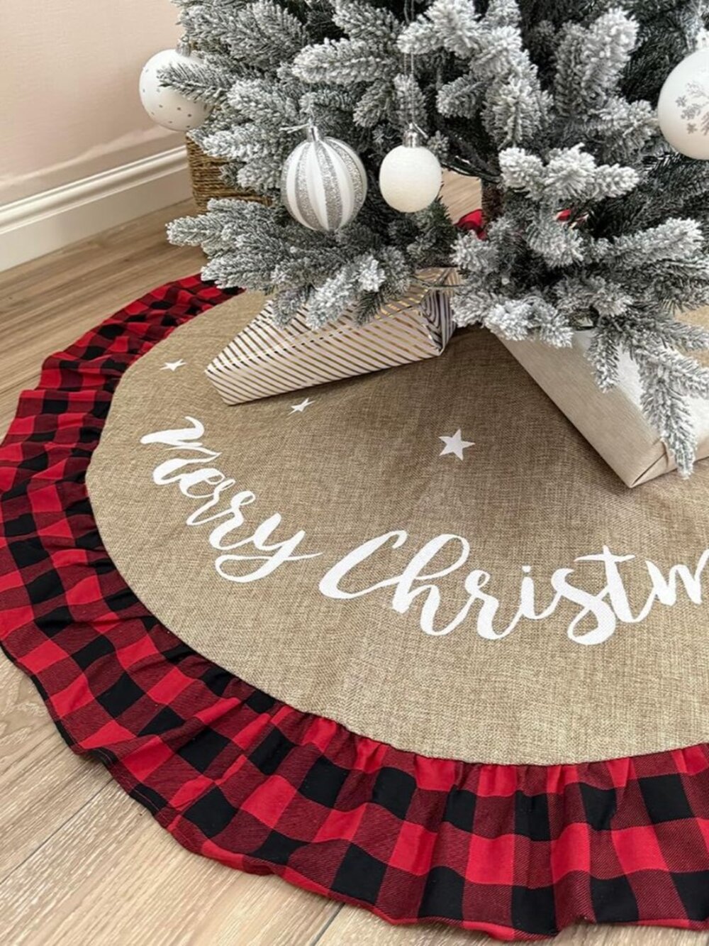 36 Inch Christmas Tree Skirt Linen Burlap Buffalo Plaid Edge Decoration for Merr